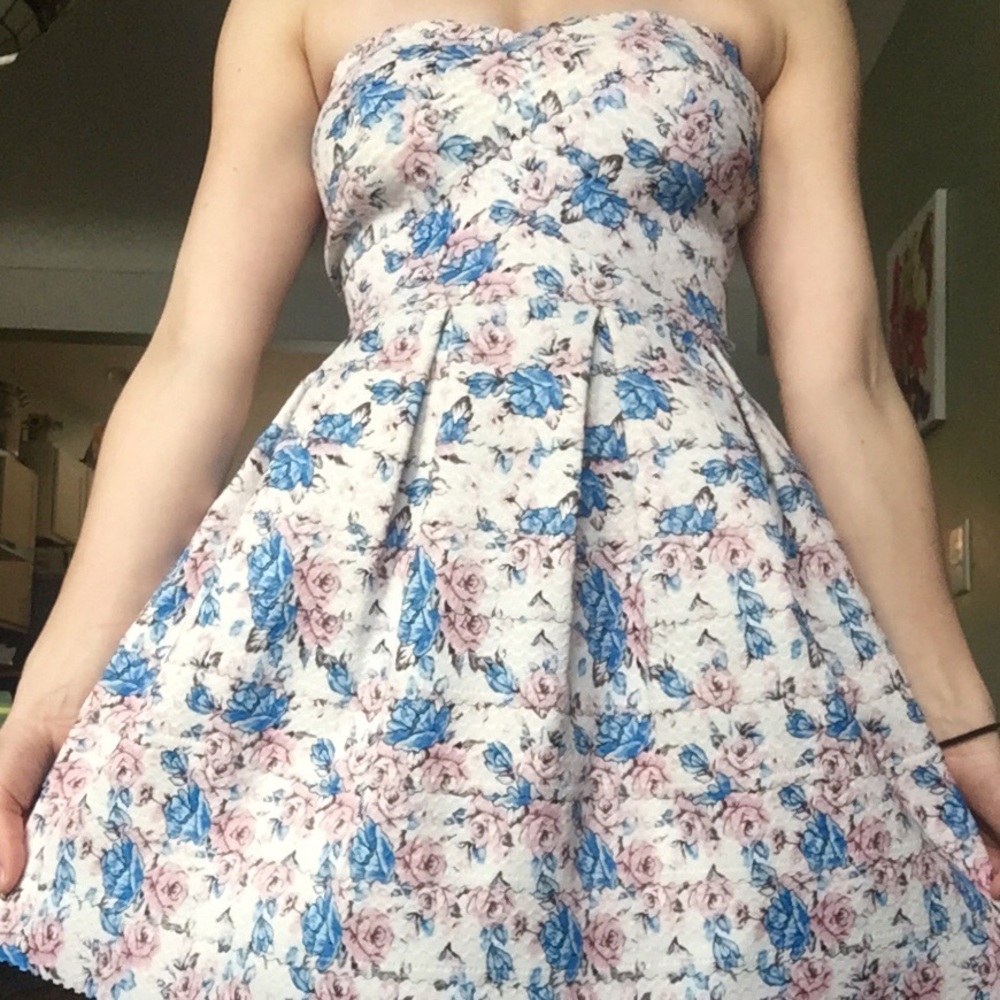 Strapless white floral print dress